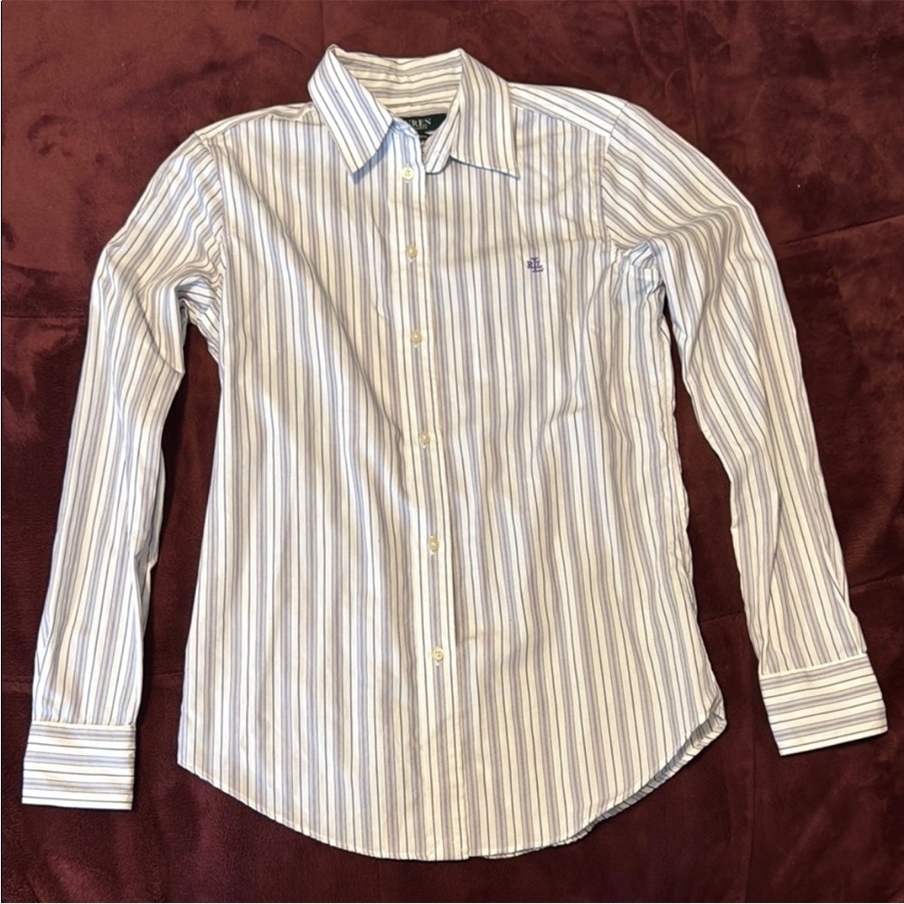 Ralph Lauren Blue and White Striped Non-Iron Shirt (XS)